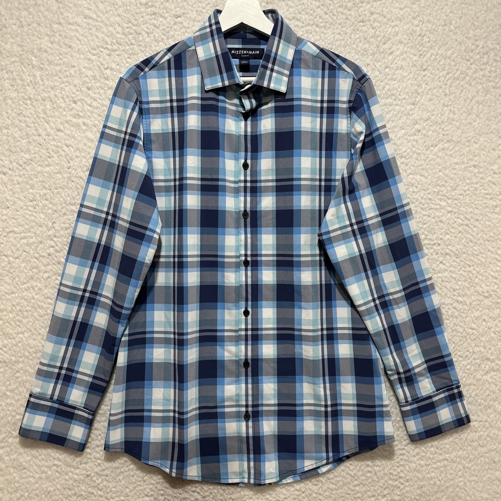 Mizzen + Main Medium Trim Leeward Blue Plaid Dress Long Sleeve Shirt Performance